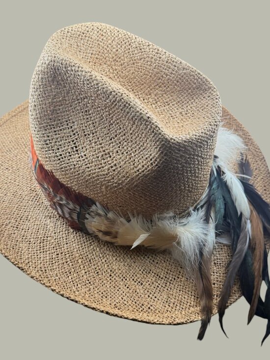Vintage Boho Feather Straw Cowboy Hat Festival Rancher Western Large main image 7